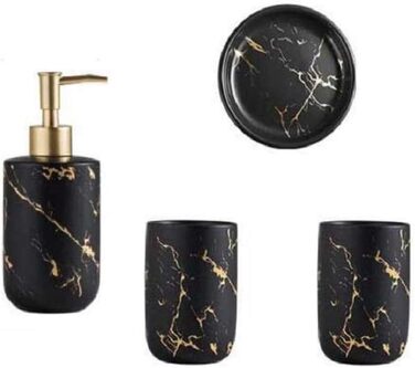 Набір аксесуарів для ванної кімнати FülleMore (4 шт.) з кераміки, імітація мармуру. Включає дозатор для мила (300 мл), мильницю, тримач для зубних щіток/склянку. Чорний колір.