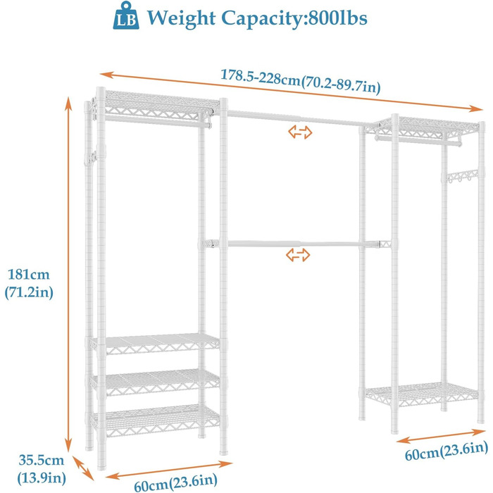 Розширюваний вішак для одягу, металева штанга для одягу, розсувний гардероб з гачками (білий)