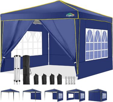 COBIZI Pavilion 3x3 Waterproof Stable Winter-Proof Party Tent, Folding Pavilion 3.0, 100% Waterproof and UV 50+ Portable High-End Portability Garden Pavilion, (Navy Blue, 3x3 with 4 Side Walls)
