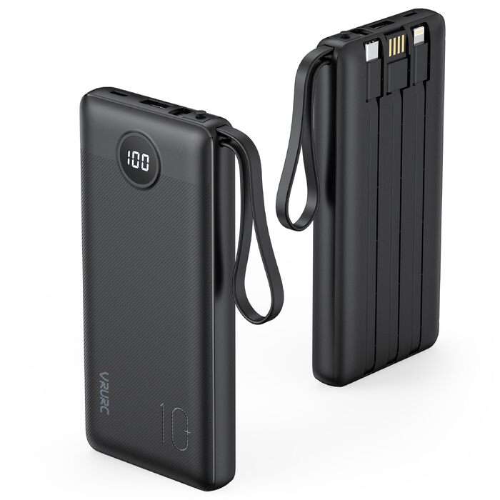 Повербанк VRURC 10000 mAh з 4 вбудованими кабелями, тонкий портативний зовнішній акумулятор (чорний)