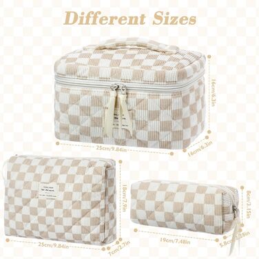 Набір косметичок 3 шт. з квітковим принтом, для подорожей та повсякденного використання | Косметичка для макіяжу для жінок та дівчат. Хакі в клітинку