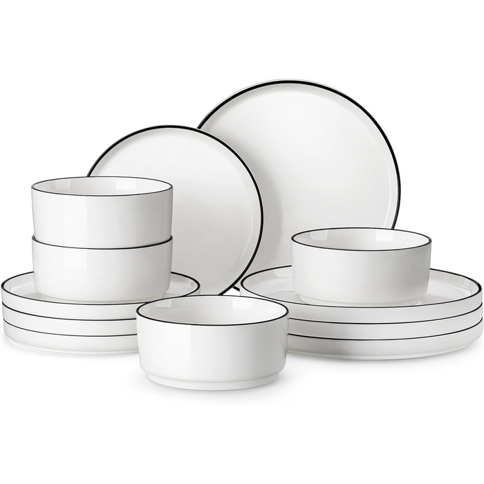 MALACASA, Leah Series, Dinnerware Set for 4 People, 12-Piece Porcelain Tableware Set, Combination Set, White Dinnerware with Black, Dinnerware Set consisting of 4x Dinner Plates, 4x Dessert Plates, 4x Cereal Bowls with Black Rim, 12-Piece