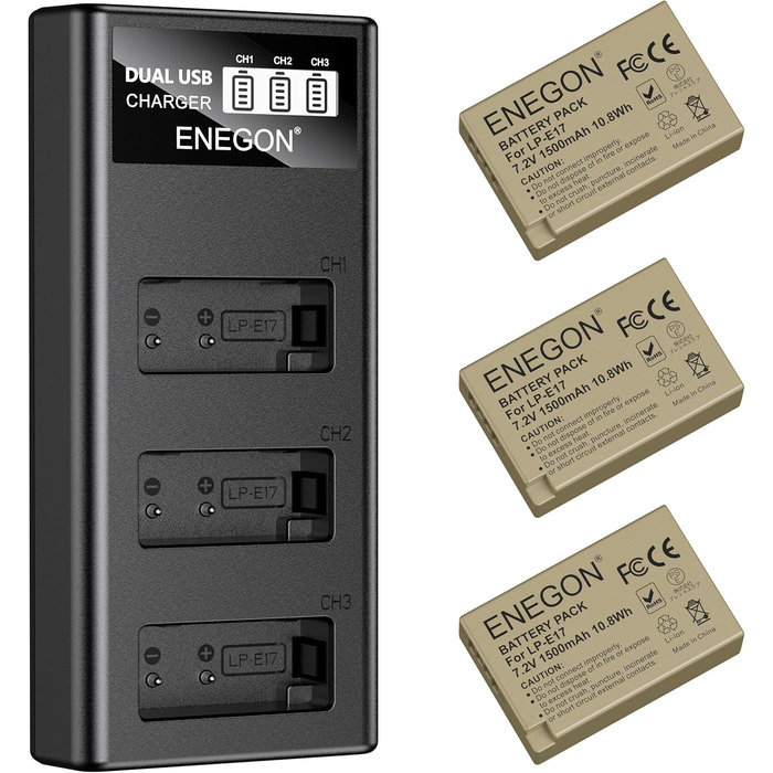 Акумулятори ENEGON LP-E17 1500mAh (3 шт.) + Зарядний пристрій LCD з 3-секційним відсіком, сумісний з Canon EOS R10, R8, RP, R50, R100, 200D, 250D, 77D, 750D, 760D, 800D, 8000D, M3, M5, M6, Rebel SL2, T6i, T6s, T7i