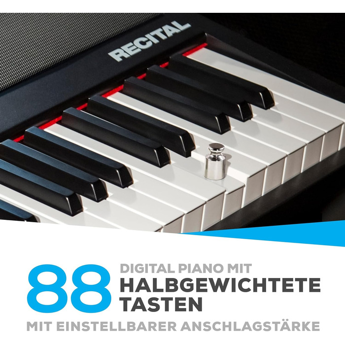 Alesis Recital - Електронне піаніно 88 клавіш для початківців з напівзваженими клавішами, динаміками, 5 преміум-звуками, виходом для навушників та підпискою на уроки гри на піаніно, чорного кольору