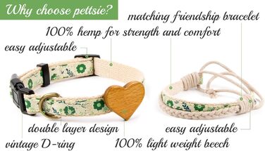 Нашийник для собак Pettsie з серцем та браслетом дружби, регульовані розміри S та M, комфортний дизайнерський льон, міцний та довговічний, чудовий подарунок для любителів собак (35,6 - 50,8 см (M), Зелений)