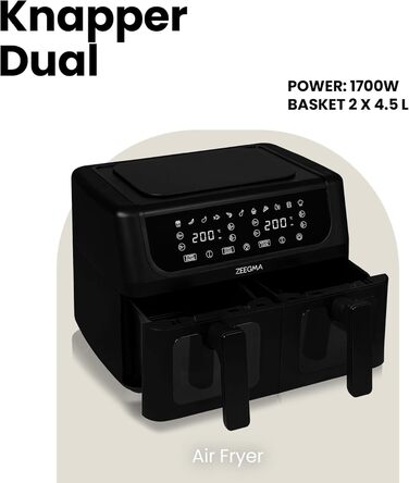Фритюрниця з гарячим повітрям ZEEGMA KNAPPER DUAL, 1700 Вт, 2 відсіки, 9 л, таймер 60 хв, 11 програм, 60-200 °C, швидкий нагрів, сенсорне керування, чорний