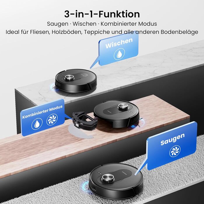 Робот-пилосос Proscenic Q8 Max+ з функцією миття, 8000Pa, 200 хвилин роботи, 3L пилозбірник, Lidar-навігація, уникнення перешкод, керування через додаток та голосове управління, для твердих поверхонь та килимів