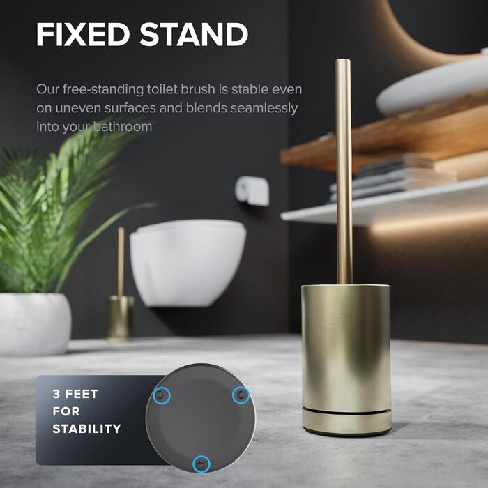 Набір для чищення унітазу з нержавіючої сталі | Силіконова щітка | З вентиляцією | Без кріплення | Замінний насадок | Знімний піддон | Унітазна щітка без монтажу (Золотий)
