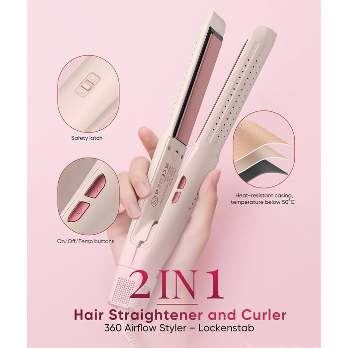 Випрямляч та плойка 2-в-1 з охолодженням Air Glatt, негативне іонізація, 4 температурні режими, рожевий