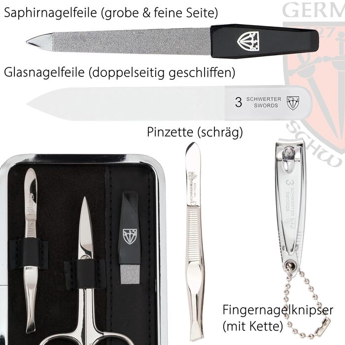 Набір для манікюру DREI SCHWERTER 'Genova' 6 предметів | Німецька якість | Чорний екошкіряний футляр | Манікюрний набір з ножицями, щипцями, пінцетом, скляною та сапфіровою пилочками