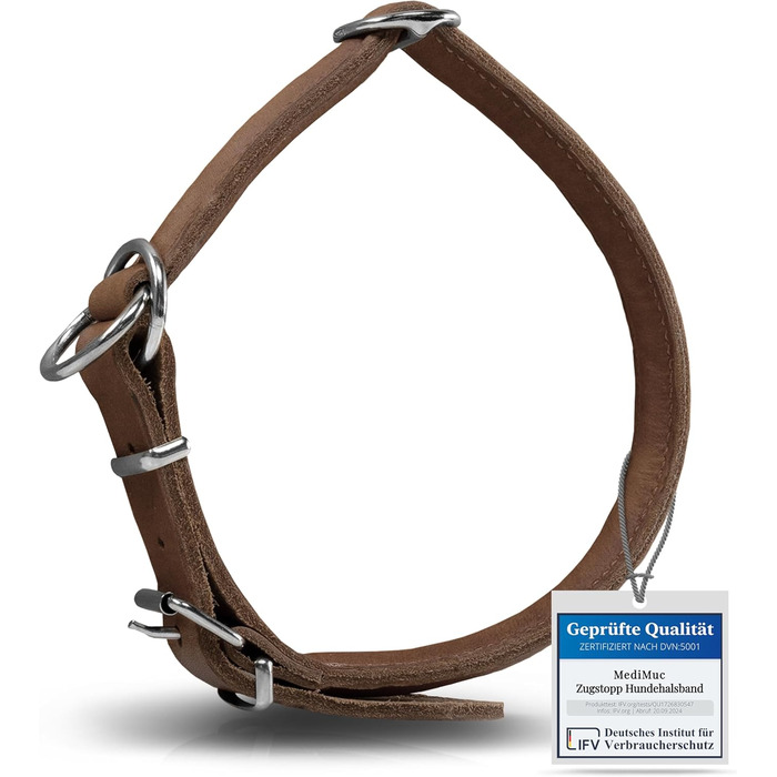 Rund & Weich - Stop Dog Collar Brown L - 55cm with Adjustable Buckle and Integrated Stable Core, Leather Collar with Pull Limiter, Pull Stopper Gentle on Fur, Cowhide Leather