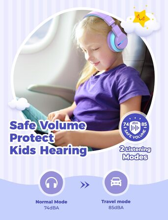 iClever Бездротові навушники для дітей з LED-підсвічуванням, Over-Ear, Bluetooth 5.2, мікрофон, BTH12, фіолетовий