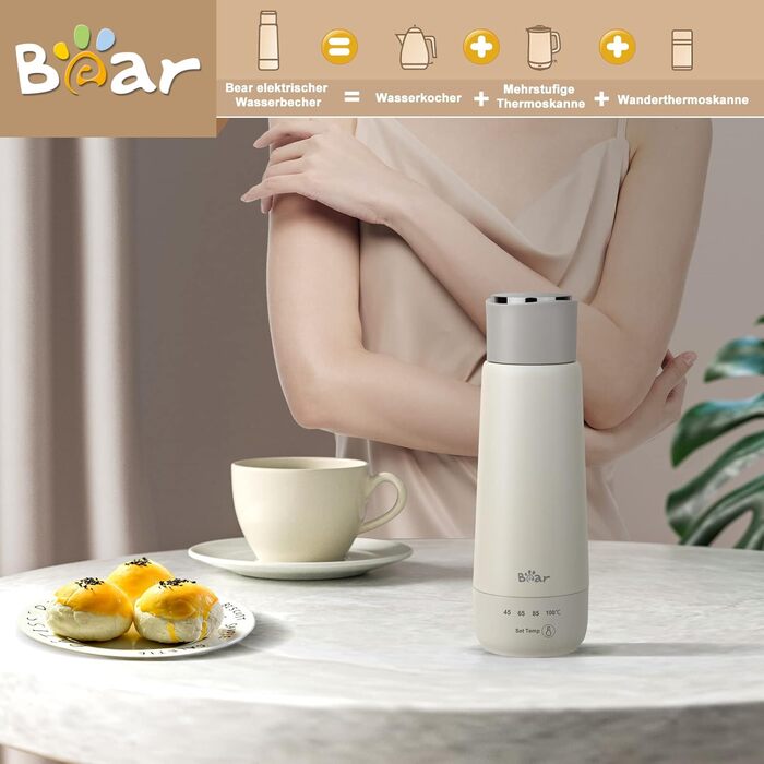 Bear 300ml Electric Kettle, 3-in-1 Travel Electric Kettle, Double-Layer 304 Stainless Steel Liner, Portable Small Fast Heating Insulated Cup (One-Button Operation)