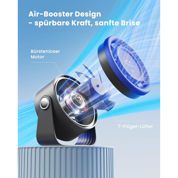 Портативний акумуляторний вентилятор Gaiatop з USB, 5 швидкостей, LED-дисплей, поворотний на 360°, для дому та офісу (блакитний)