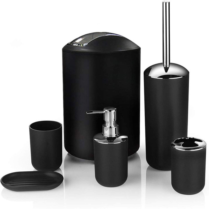Набір аксесуарів для ванної кімнати Icegrey: 6 предметів, чорний (дозатор для рідкого мила, тримач для зубних щіток, стакан, мильниця, тримач для туалетного йоржика, сміттєвий контейнер)
