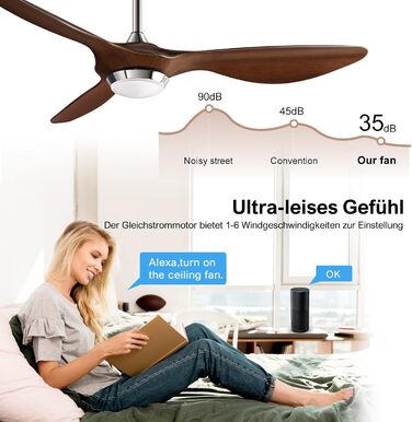Стеляний вентилятор Reiga 132 см з LED-підсвічуванням та пультом керування, тихий реверсивний DC мотор, 6 швидкостей, керування через додаток, колір коричневий, лопаті з імітацією дерева