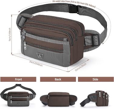 Поясна сумка на пояс для чоловіків та жінок з 7 кишенями на блискавці. Ідеальна для спорту, фітнесу, бігу, велоспорту, подорожей та кемпінгу. Колір: кавовий
