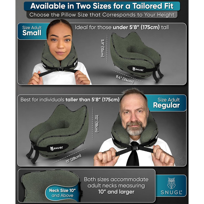 Подушка для шиї SNUGL з піною з пам'яті, миюча та регульована | М'яка подушка для шиї для подорожей на літаку, автомобілі та в дорогу | Подушка-вирязка для шиї, Neck Travel Pillow (дорослий, маленький, світло-зелений)