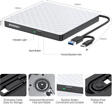 Зовнішній DVD-привід USB 3.0 та USB-C, CD/DVD Brenner для ноутбука та ПК (Windows, macOS, Linux), білий
