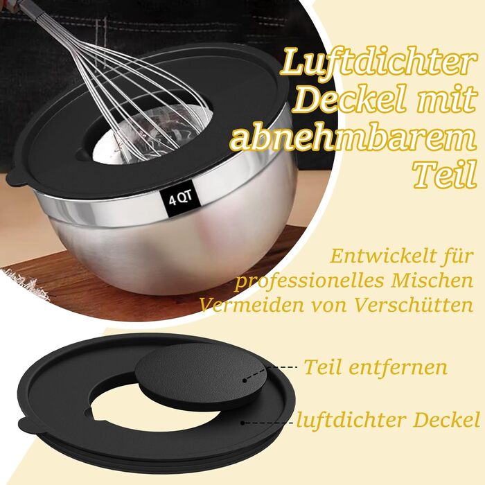 Terlulu Mixing Bowl Set of 5, Stainless Steel Bowl Salad Bowl Set with Airtight Lid, 3 Grater Attachments, 4.5L, 2.7L, 1.6L, 1.1L, 0.7L, Nesting & Dishwasher Safe