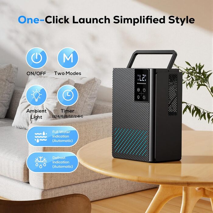 Електричний осушувач повітря, тихий, 2500 мл з LED дисплеєм, таймером та функцією відтавання, 7 кольорів підсвічування, для дому, спальні, ванної кімнати