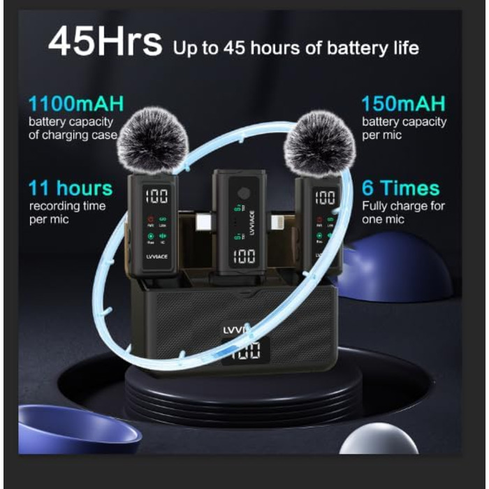 Мікрофон-петличка 3-в-1 для iPhone, Android, камери: бездротовий мікрофон з шумозаглушенням, 45 годин роботи, цифровий дисплей, кейс для зарядки, відеозйомка, стрімінг