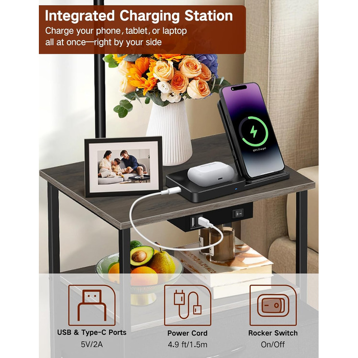 Стельова лампа для вітальні з поличкою та столиком, регульована LED, з пультом, 3 колірні температури, приліжний столик з підзарядкою та полицею, дерев'яний столик для спальні/офісу (сірий з шухлядами)