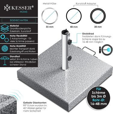 KESSER® Granit Parasol Stand with Stainless Steel Tube, High-Quality Umbrella Stand Square Base 30KG - for Umbrella Poles up to 16-48 mm, Incl. Carrying Handle Garden Balcony Parasol Stand, Grey