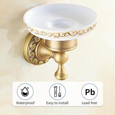 Brass toothbrush holder, antique bronze, cup holder with white ceramic cup, wall-mounted, bathroom accessory, patterned carved design (soap dish)
