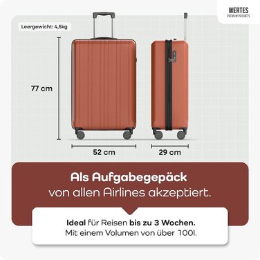 Чемодан великий 100L з TSA замком, жорсткий корпус, подвійні колеса, валіза на колесах (77см, теракотовий)