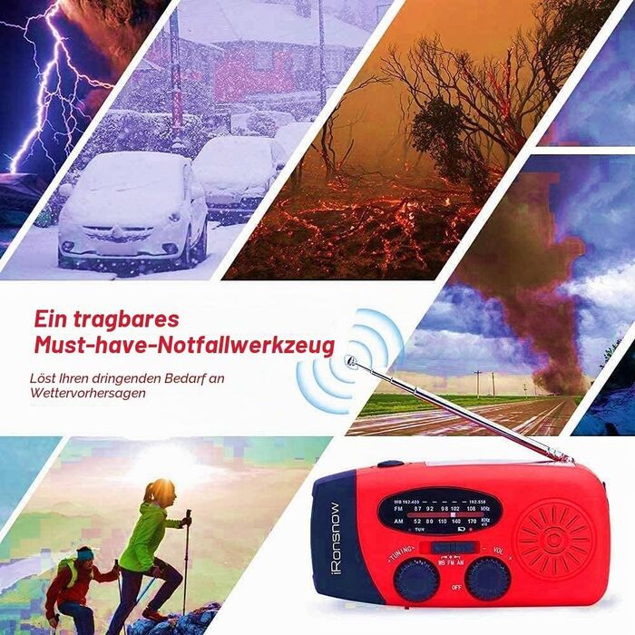 Сонячна радіостанція iRonsnow з ручним заводом, LED-ліхтарик, 2000mAh AM/FM, USB-зарядка для походу, кемпінгу, екстрених ситуацій