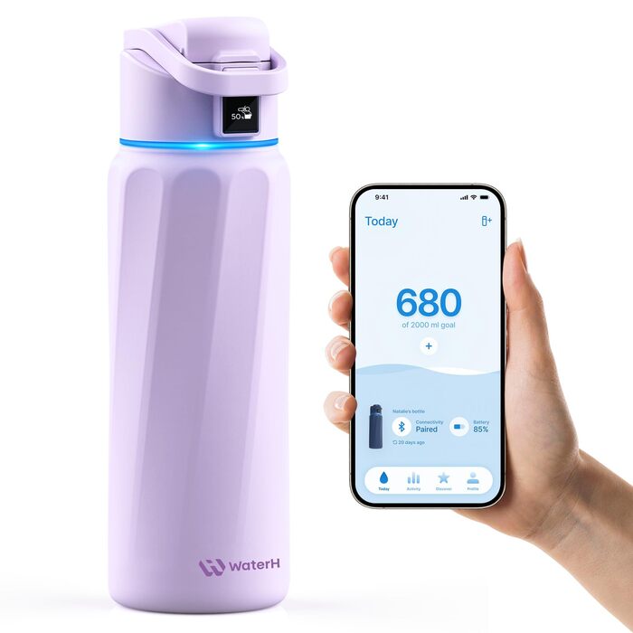Розумна пляшка для води WATERH Boost 946 мл, з нагадуванням про пиття, сталь, подвійні стінки, вакуумна ізоляція, широка горловина, бузковий колір