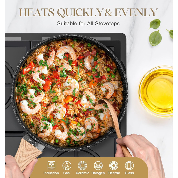 Сковорода з антипригарним покриттям Michelangelo з кришкою 28 см, глибока сковорода з кришкою, сковорода для тушкування 28 см, індукційна сковорода з антипригарним покриттям та м'якою бакелітовою ручкою, підходить для індукційних плит, чорна, глибока сков