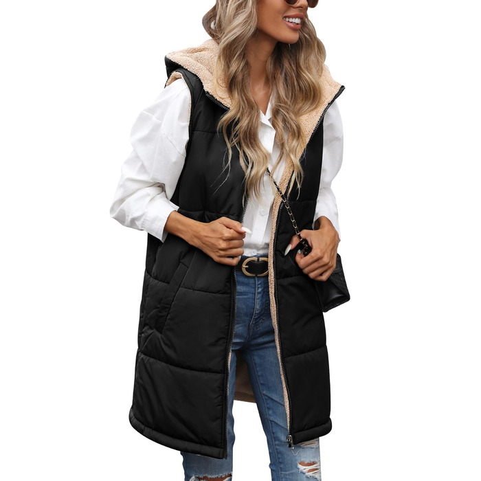 Жіноча жилетка Tuopuda з капюшоном, степна, з флісовою підкладкою, тепла зимова куртка, безрукавка, термо, з високим коміром, на блискавці, чорна, XL
