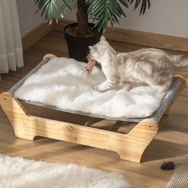 PawHut Гамак для котів з каркасом, 68x43x20 см, підняте котяче гніздо з м'якою подушкою з соснового дерева