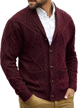Чоловіча в'язана жилетка Comdecevis з коміром-шарфом, рельєфним в'язанням, ґудзиками, довгими рукавами, кишенями, темно-бордовий (3XL)
