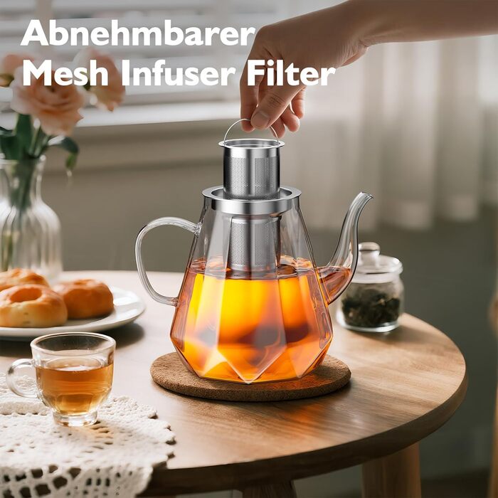 Скляний чайник STNTUS з підігрівачем та ситечком для листового чаю, 1.2 л, нержавіюча сталь