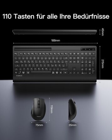 Inateck Бездротовий Комплект Клавіатури та Миші з Підсвічуванням, QWERTZ, з Підтримкою Bluetooth, з Підкладкою під Руку, для Mac, Windows, Laptop, PC, Smart TV, KB06006