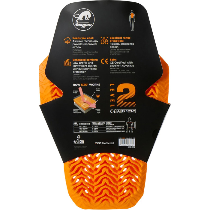 Мотозахист спини Furygan D3O EVO Level 2, сертифікований, гнучкий, легкий, помаранчевий, 2024