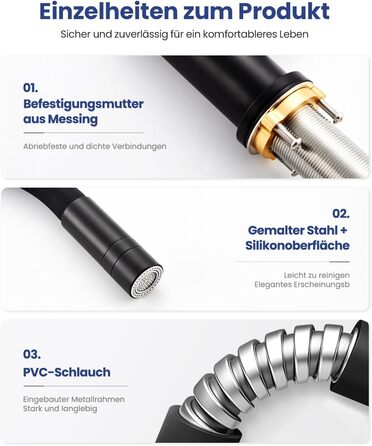 Змішувач для кухні гнучкий чорний, нержавіюча сталь, 2 режими струменя, 360° поворот, кухонний змішувач, преміум якість