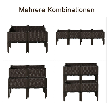 Outsunny Raised Garden Bed, 4-Piece Planting Box with Drainage Holes, Rattan-Look, DIY Brown, 40x40x44cm, ideal for garden and balcony