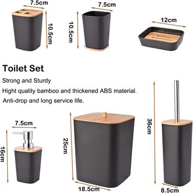 Yorkmills 6-Piece Bamboo Bathroom Accessory Set, Bathroom Accessory Set, Bathroom Trash Can and Toilet Brush Set, Modern Trash Can, Toothbrush Holder Cup, Soap Dish Holder