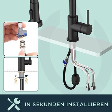 Змішувач для кухні FORIOUS висувний з душем, одноleverний, чорний мат, 360° обертання