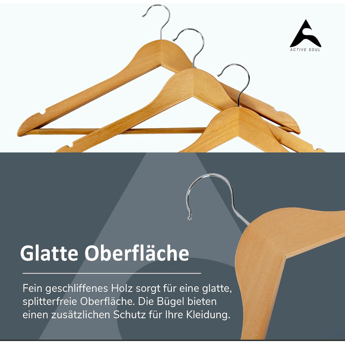 Набір дерев'яних вішалок ACTIVE SOUL (20 шт.) з вирізами для одягу та перемичкою для штанів, 360° обертання, для костюмів, сорочок, блузок та штанів