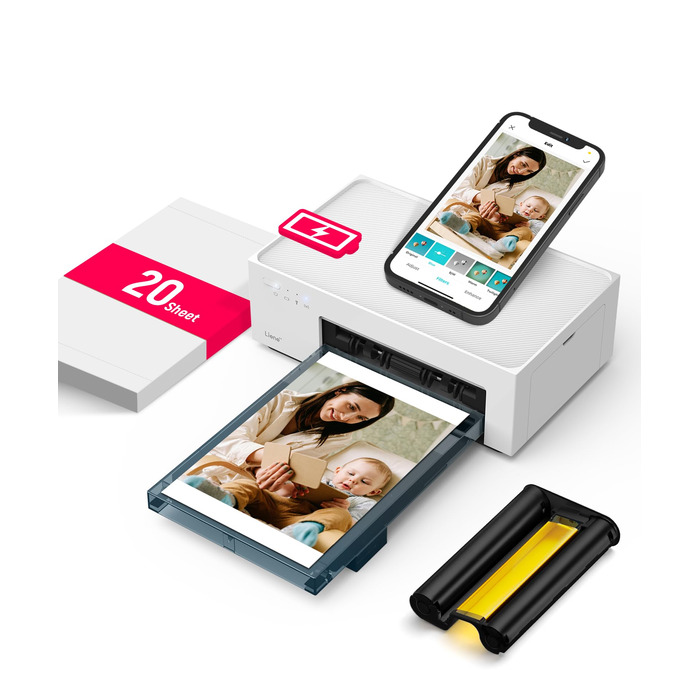 Портативний фотодрук для смартфонів Liene (10x15 см) + 2 пачки фотопаперу (20+80 аркушів), WiFi, сублімація, для iPhone/Android/PC, білий
