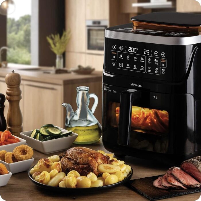 Фритюрниця Ariete 4636 з функцією пари та грилем, 1700W, сушильна функція, 10 режимів приготування, прозорий кошик, таймер, підсвітка, чорний колір