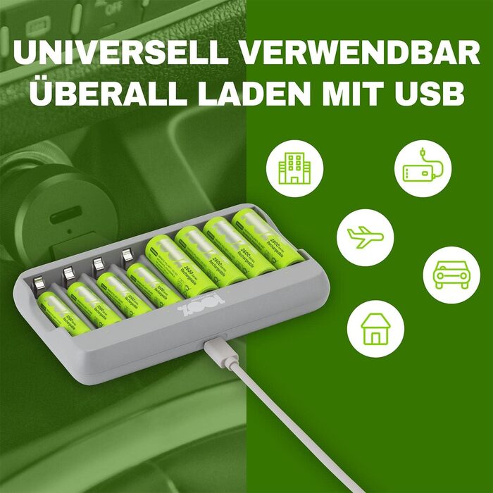 Зарядний пристрій PeakPower для акумуляторів AA AAA | Зарядка для акумуляторів з 8 акумуляторами (4x AA + 4x AAA), захист від перезаряду, таймер безпеки (USB зарядний пристрій для акумуляторів у екологічній упаковці), 8 слотів + 8 акумуляторів