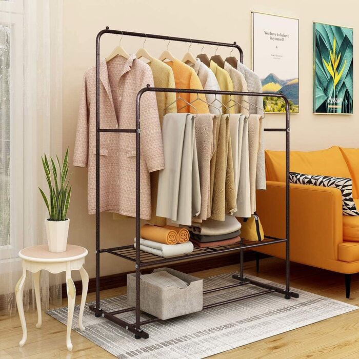 JURMERRY Freestanding Clothes Rack, Double Hanging Rail, High-Performance Metal with Shelf, Commercial Quality (Bronze)
