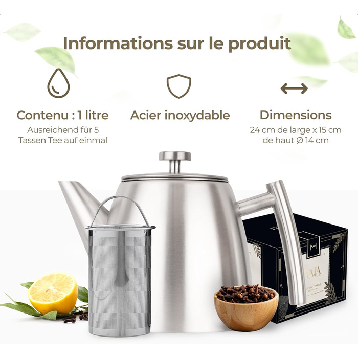 Teapot | Stainless Steel 1L | Teapot with Infuser | Stainless Steel Teapot | Stove for Teapot | Teapot with Stove | Tea Maker | Double-walled (Gray)