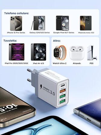 Подвійний USB зарядний пристрій 40W з 4 портами USB-C та USB-A, PD 3.0, для iPhone, Samsung та інших телефонів (2 шт. в упаковці, білий)